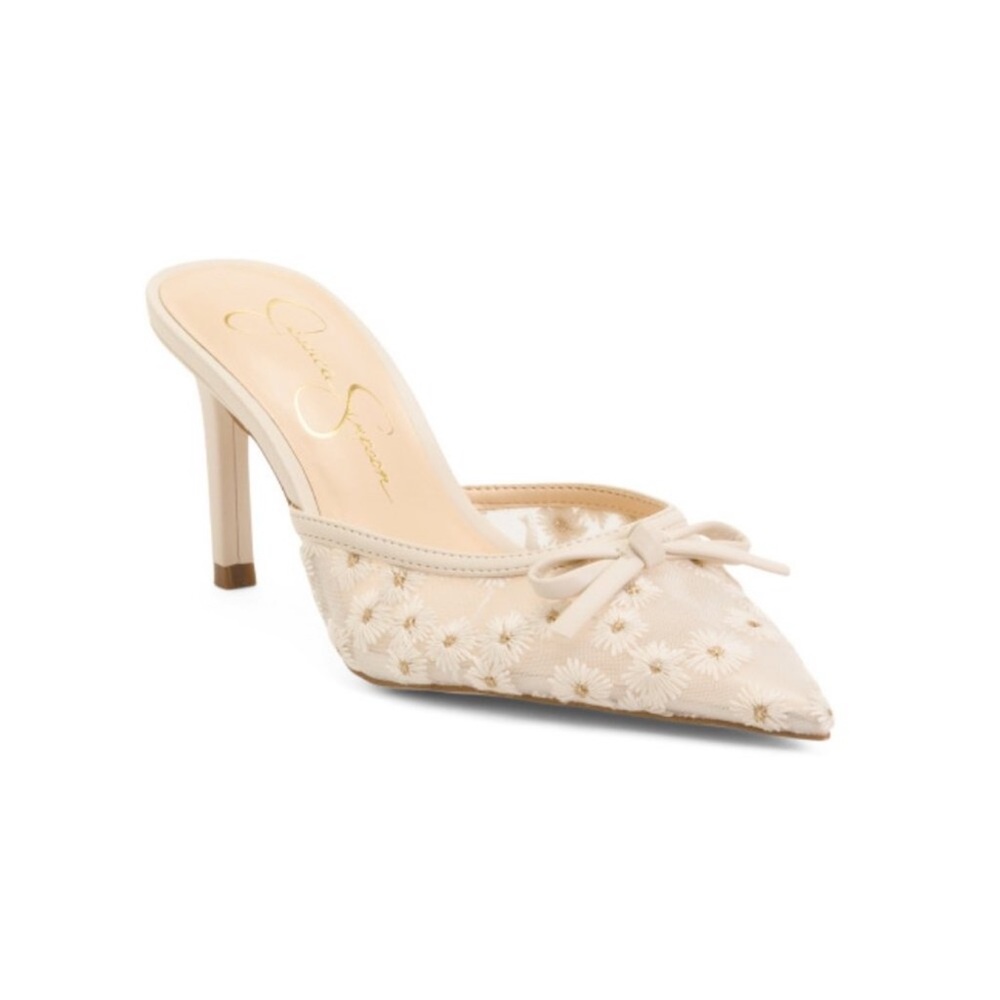 Jessica Simpson Cream Floral Embroidered Pointed-Toe Mule Heels